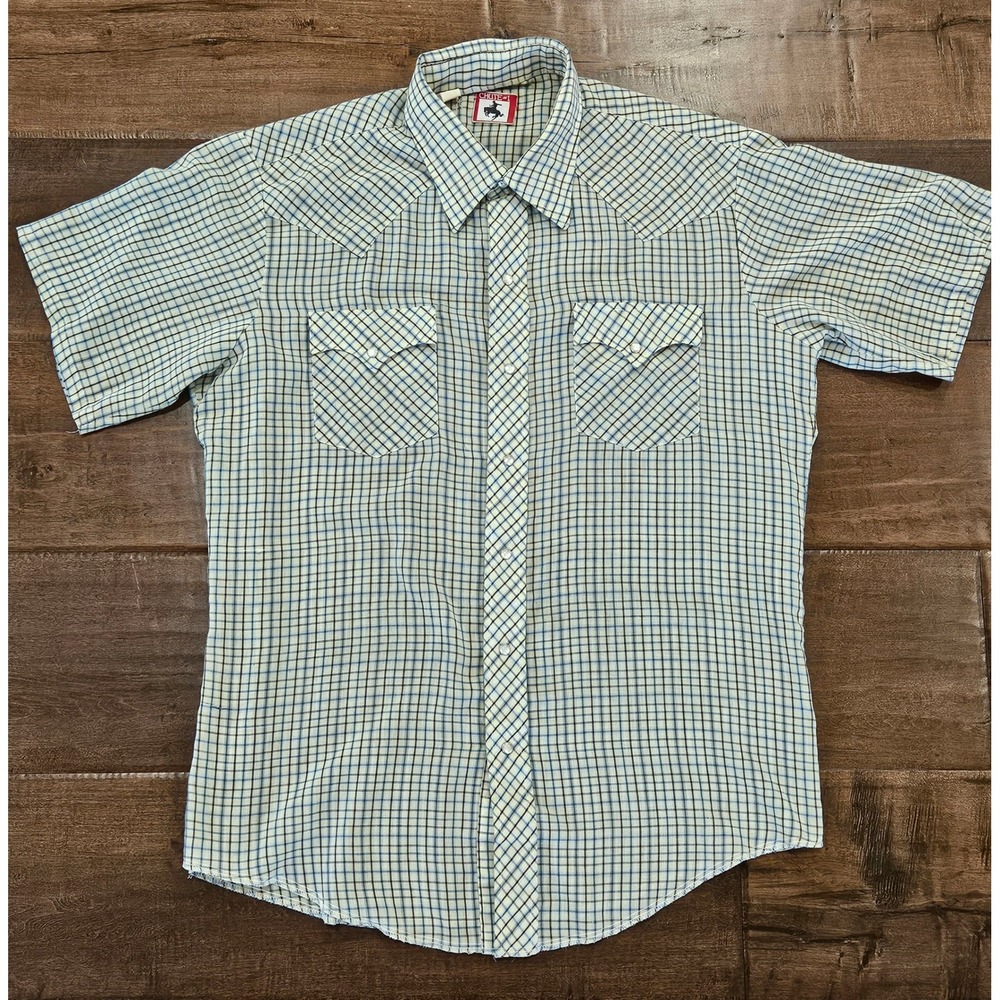 VTG 70'S Mens Blue Plaid Western Pearl‎ Snap Short Sleeve Shirt Size L
